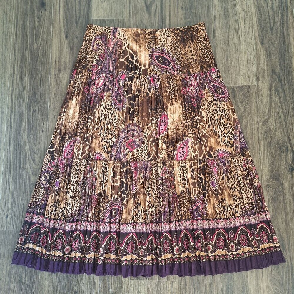 💙 New York City Design Pleated Stretch Maxi Skirt Size XL/1X Boho Fall Animal P